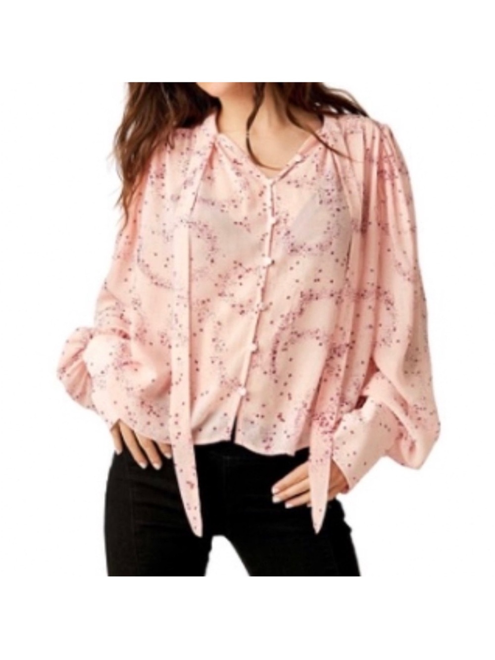 Free People Women's Stars Align Printed Blouse Tie Neck top size M
